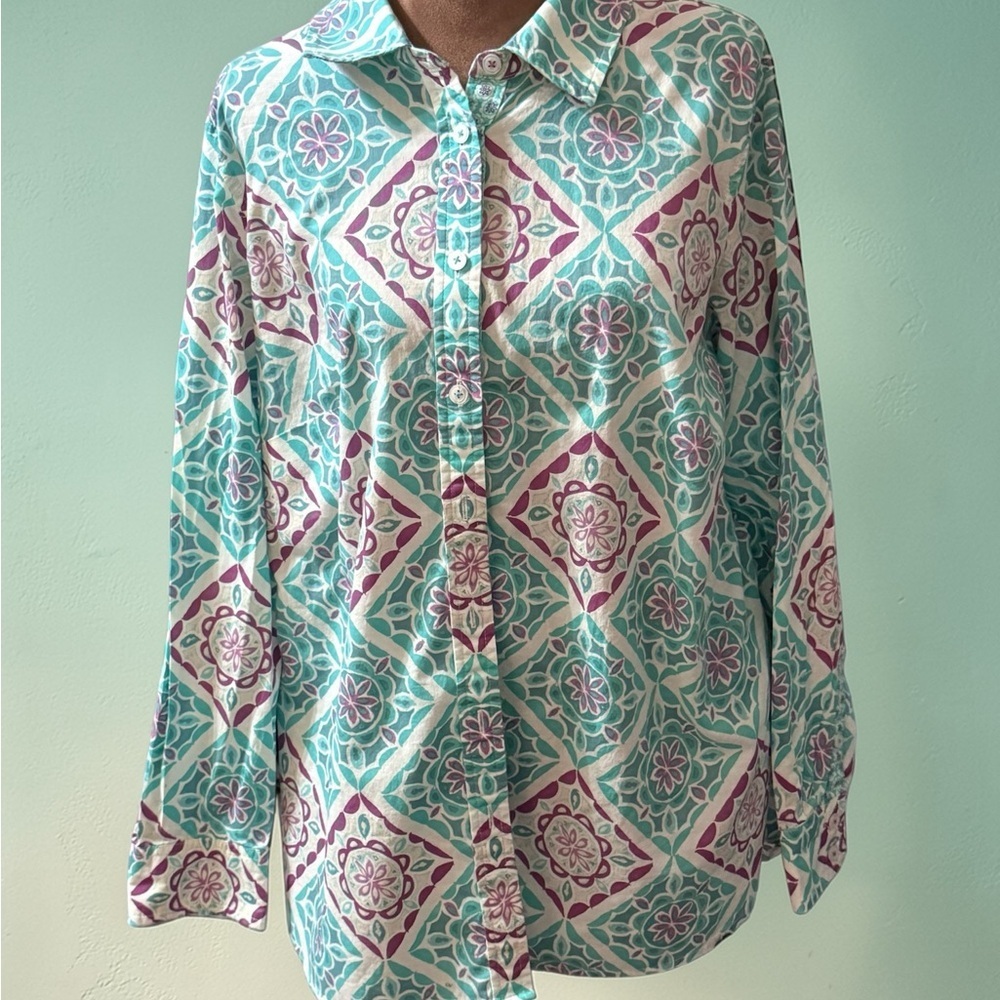Talbots Aqua and Purple Monaco Tiles Button-Up Blouse